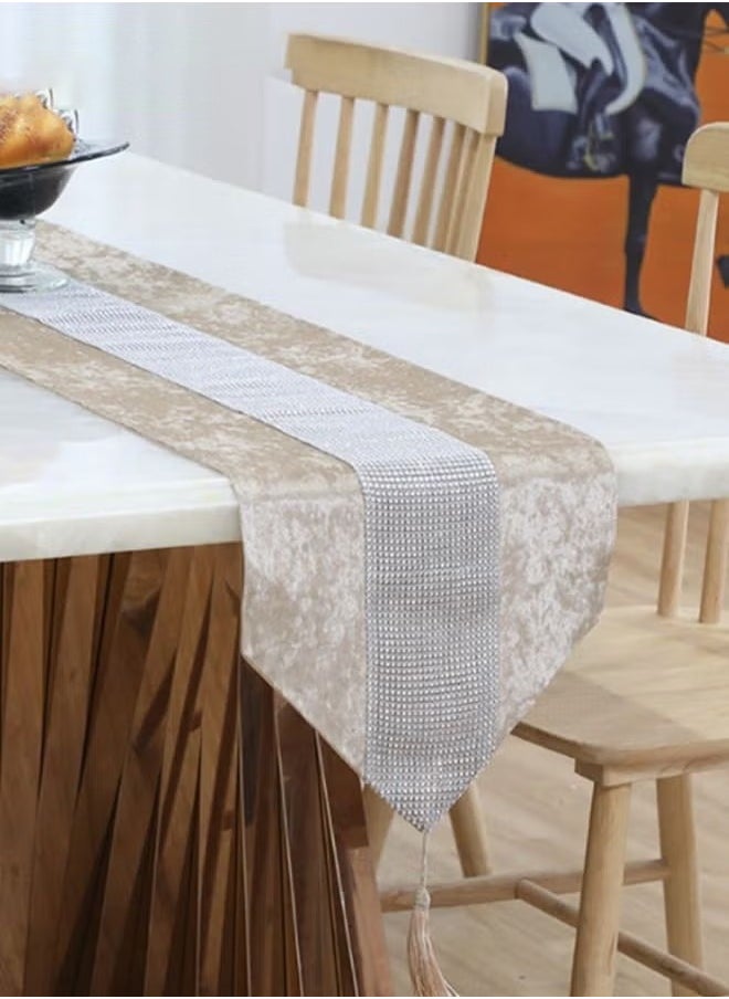 Generic Table Runner with Diamante Strip and Tassels Beige 32*210CM  - Image 4