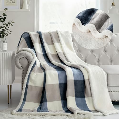 PU MEI Sherpa Fleece Throw Blanket 60" x 80" Reversible Plush Fluffy Large Big Blanket Lattice Flannel Blankets for Sofa Couch Bed (Grey-Soft Blue, 60"*80") - Image 1
