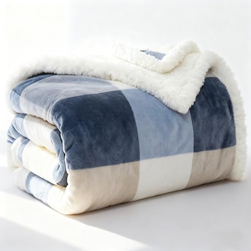 PU MEI Sherpa Fleece Throw Blanket 60" x 80" Reversible Plush Fluffy Large Big Blanket Lattice Flannel Blankets for Sofa Couch Bed (Grey-Soft Blue, 60"*80") - Image 2