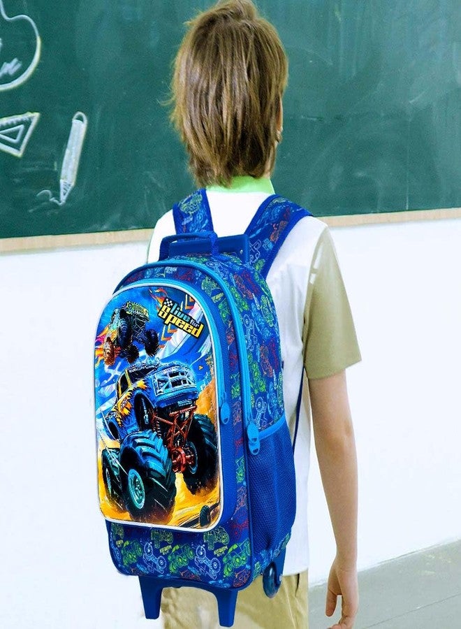 UFNDC 4PCS Rolling Backpack for Boys, Cool Car Wheeled Bookbag, Roller School Bag with Wheels for Elementary Preschool Travel - Image 2