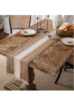 يقبست Table Runners Natural Burlap, Boho Macrame, Rustic with Tassels, Hand Woven Cotton and Splicing, for Living Room Party Wedding Decoration Dining  - Image 3