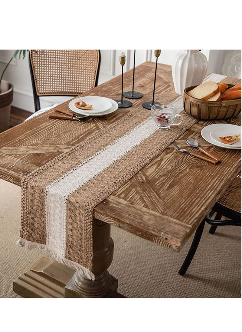 YQbest Table Runners Natural Burlap, Boho Macrame, Rustic with Tassels, Hand Woven Cotton and Splicing, for Living Room Party Wedding Decoration Dining 30*180cm  - Image 3