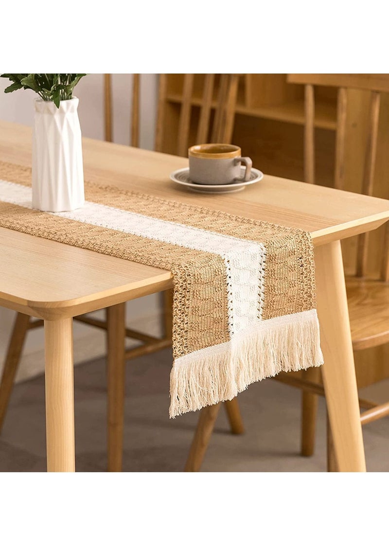 YQbest Table Runners Natural Burlap, Boho Macrame, Rustic with Tassels, Hand Woven Cotton and Splicing, for Living Room Party Wedding Decoration Dining 30*180cm  - Image 1
