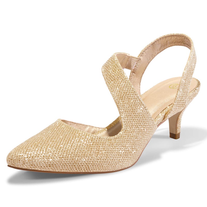 mysoft Women's Dress Shoes Low Heels 2 inch Kitten Pumps Slingback Wedding Party Medium/Wide Width Shoes Gold - Image 1