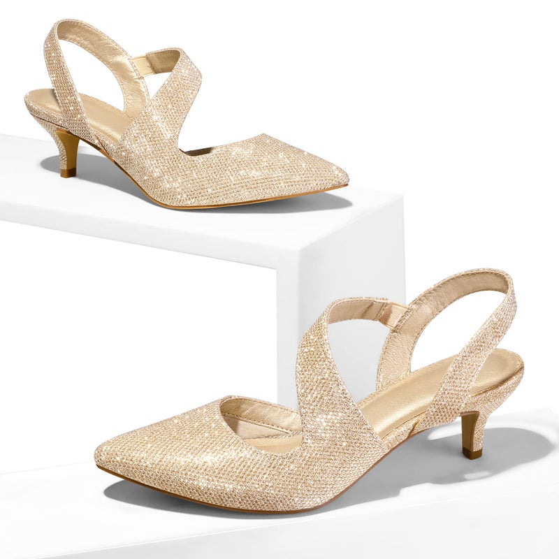 mysoft Women's Dress Shoes Low Heels 2 inch Kitten Pumps Slingback Wedding Party Medium/Wide Width Shoes Gold - Image 3