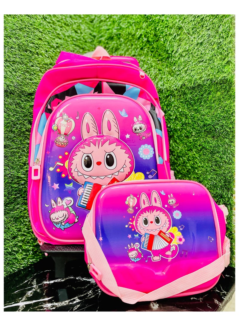 Kids Musical Bunny Backpack and Lunch Bag Set, Pink and Purple, School Travel Bag with Cartoon Design - Image 1