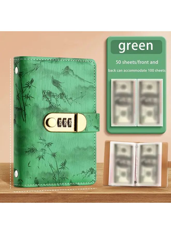 A6 Lockable Cash Card Holder Wallet Book Green Ink Wash Design 200 Banknote Capacity - Image 1