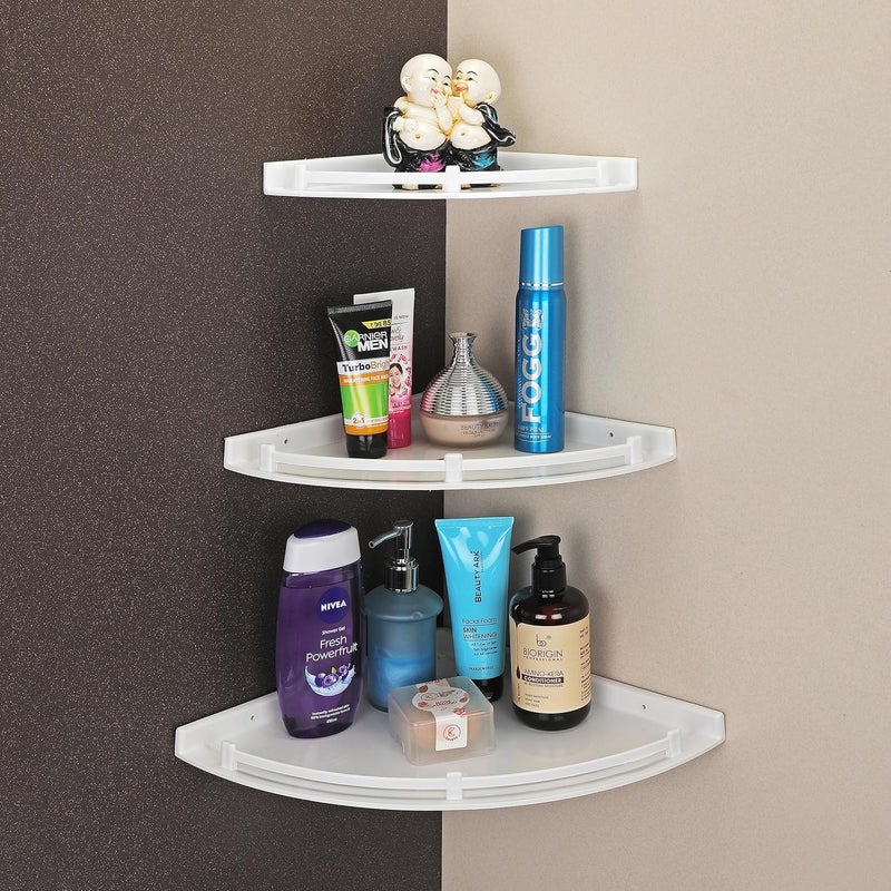 iSTAR Plastic Wall Mounted Corner Shelf for Bathroom Multipurpose Bathroom Accessories Organizer Shelves (6 inch, 8 Inch, 10 Inch, Pack of 3, White) - Image 1