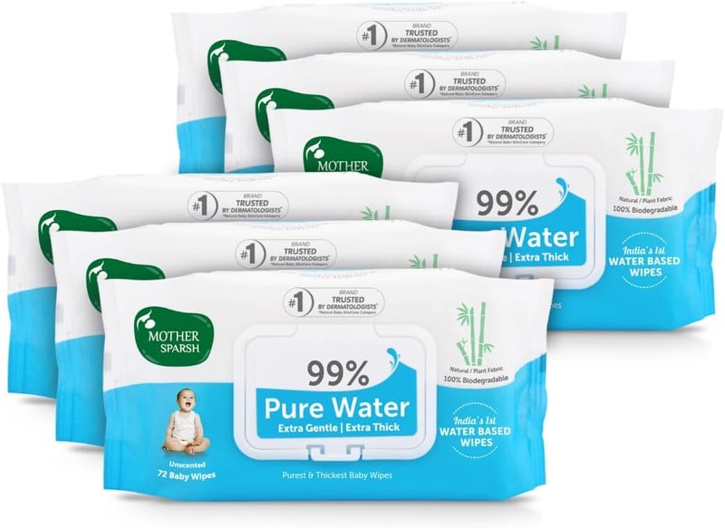 Mother Sparsh 99% Pure Water Baby Wipes - Unscented, Extra Thick, 72 pcs/Pack (Pack of 6) - Image 1