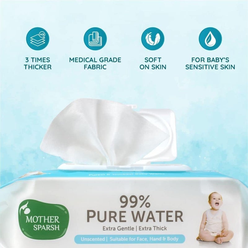 Mother Sparsh 99% Pure Water Baby Wipes - Unscented, Extra Thick, 72 pcs/Pack (Pack of 6) - Image 2