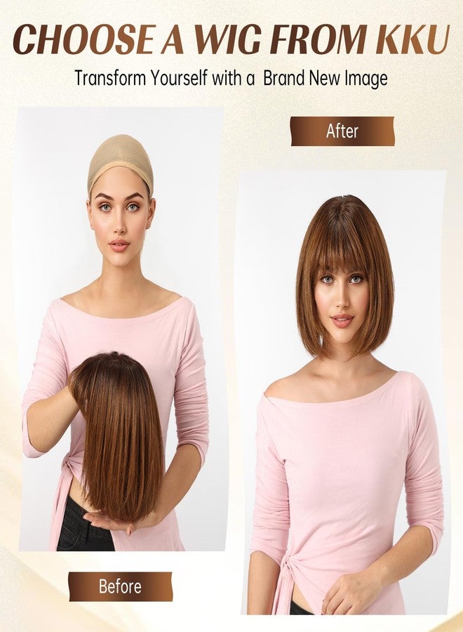 KKU Ombre Brown Wigs Human Hair Wigs for Women, Real Hair Wigs for Women, Human Hair Wig with Bangs - Image 3