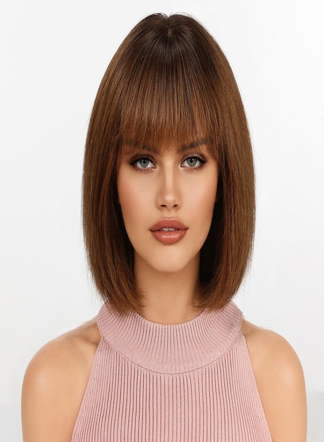 KKU Ombre Brown Wigs Human Hair Wigs for Women, Real Hair Wigs for Women, Human Hair Wig with Bangs - Image 1