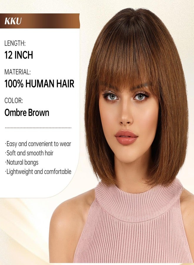 KKU Ombre Brown Wigs Human Hair Wigs for Women, Real Hair Wigs for Women, Human Hair Wig with Bangs - Image 2