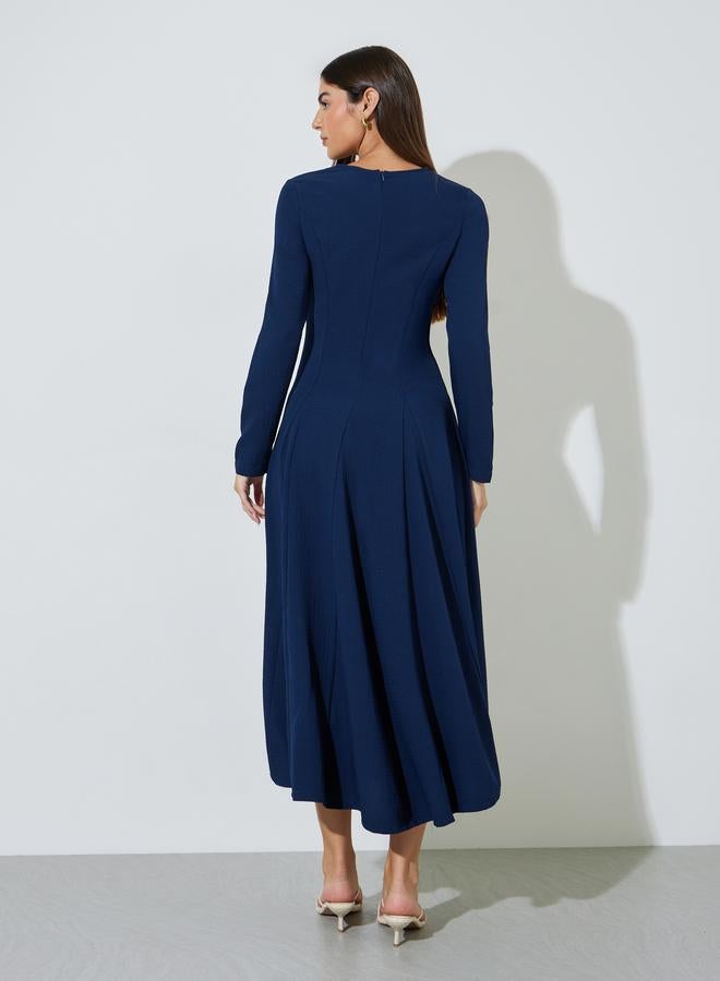 Styli Navy Blue Textured Pleated Details Tie-Up Neck A-Line Maxi Dress - Image 3