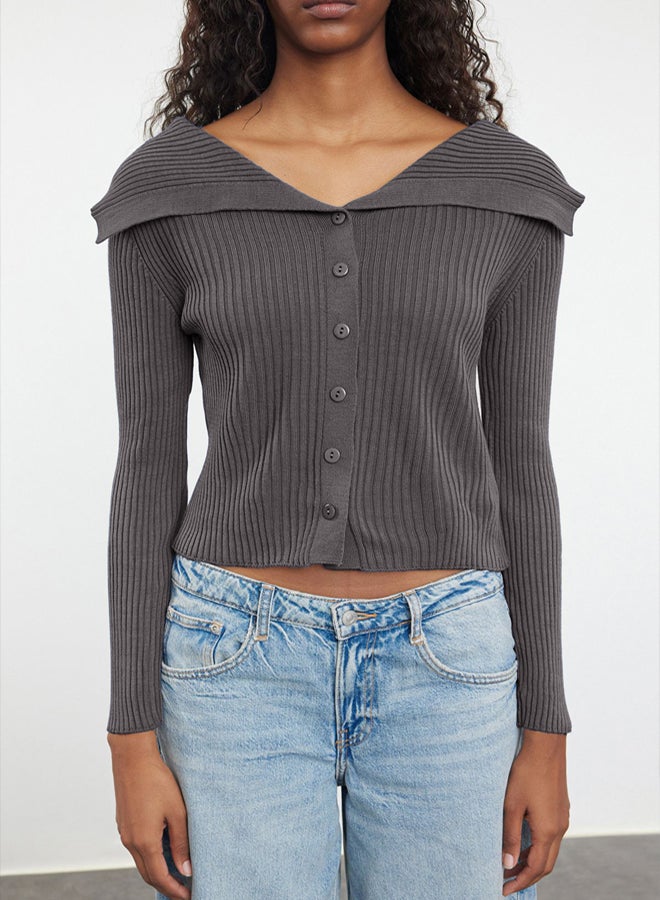 trendyol Dark Gray Turn-Down Collar Knitwear Cardigan - Image 3