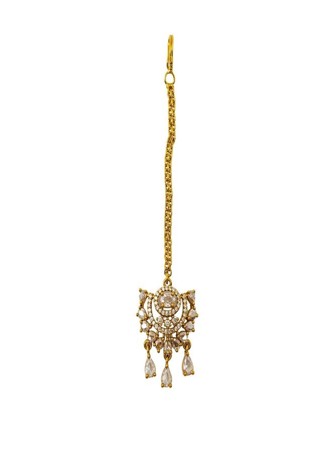 ZEELLO Gold Tone Maang Tikka with White Stones, Traditional Indian Bridal Jewelry, Crescent Moon Design with Teardrop Dangles - Image 1