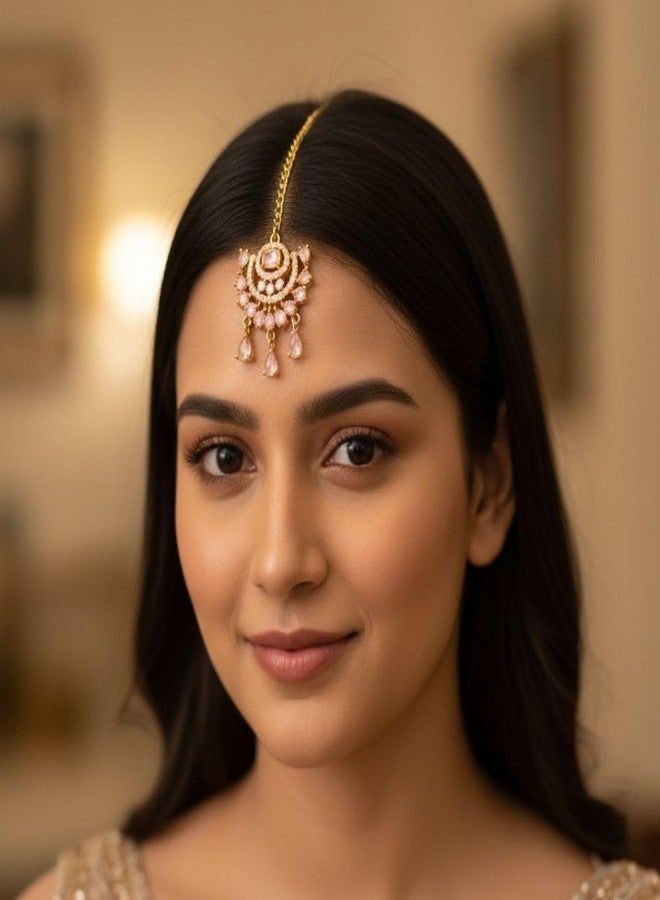 ZEELLO Gold Tone Maang Tikka with White Stones, Traditional Indian Bridal Jewelry, Crescent Moon Design with Teardrop Dangles - Image 3
