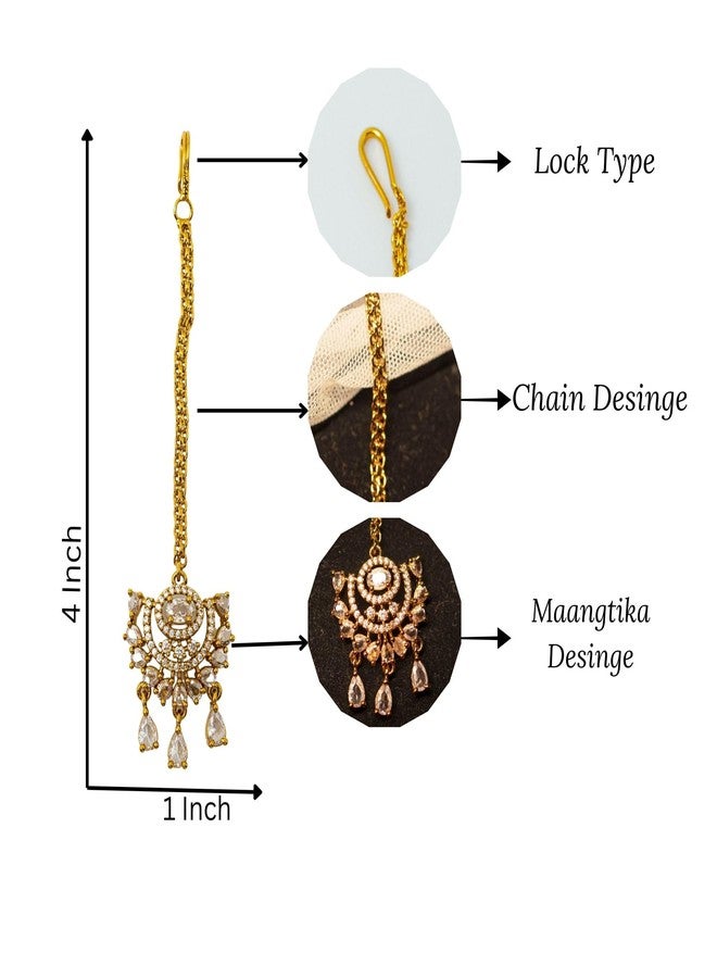 ZEELLO Gold Tone Maang Tikka with White Stones, Traditional Indian Bridal Jewelry, Crescent Moon Design with Teardrop Dangles - Image 5