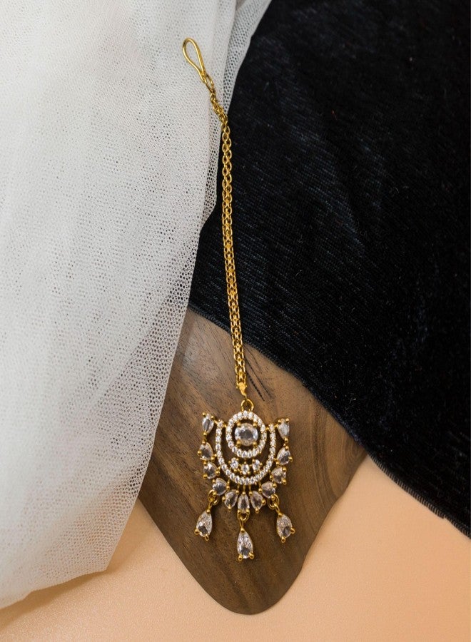 ZEELLO Gold Tone Maang Tikka with White Stones, Traditional Indian Bridal Jewelry, Crescent Moon Design with Teardrop Dangles - Image 4