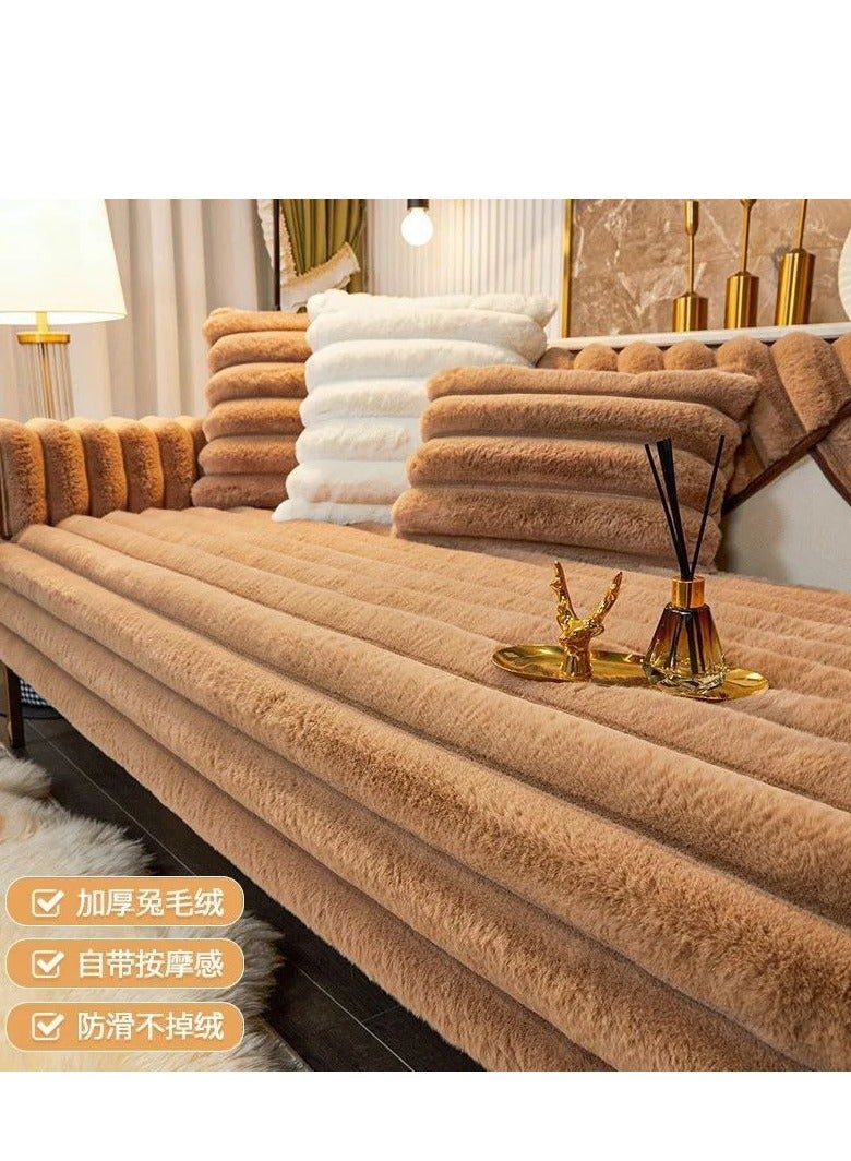 A set of 10 pieces of velvet fur quilted living room linen, including 2 fur pillows - Cafe