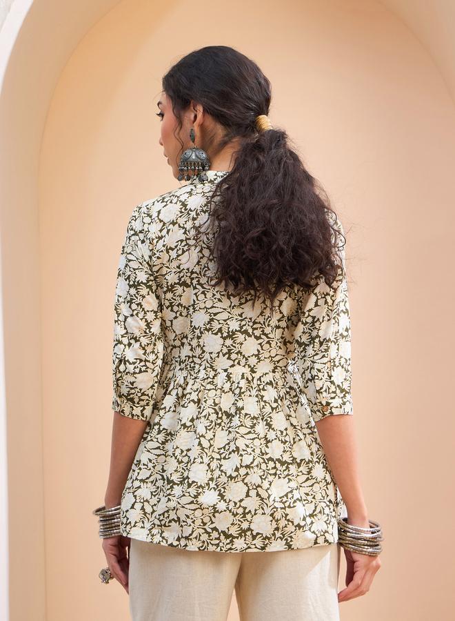 SASSAFRAS Olive Floral Cambric Front Button Gathered Kurti - Image 5