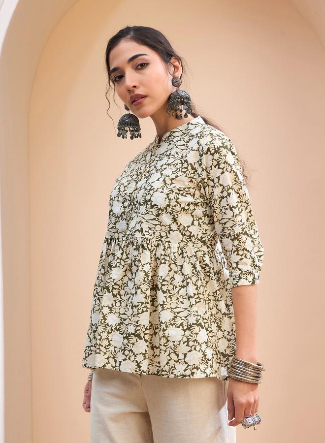 SASSAFRAS Olive Floral Cambric Front Button Gathered Kurti - Image 3