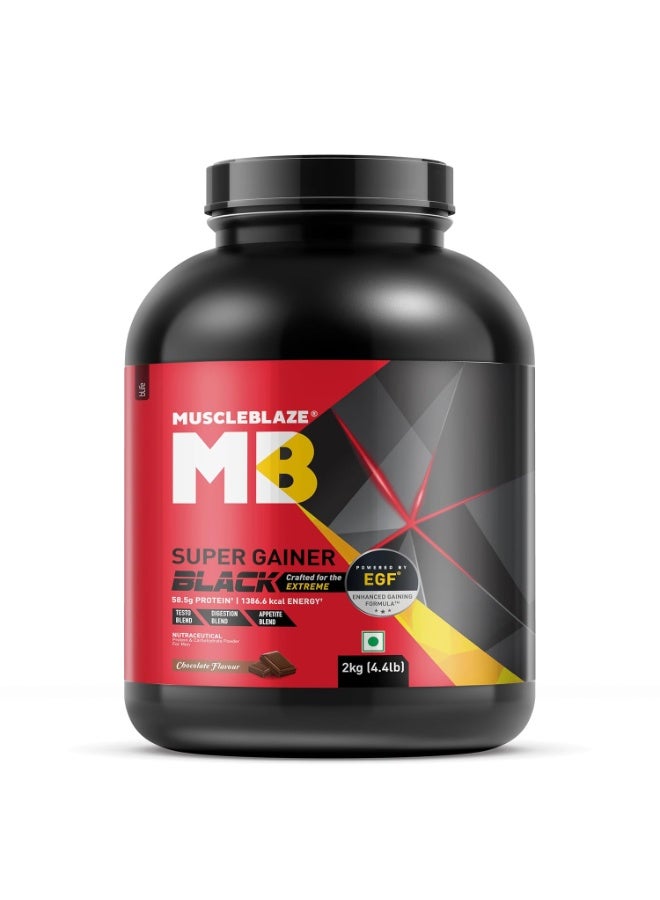 MuscleBlaze Super Gainer Black, Chocolate (20 Servings, 2kg / 4.4lbs) | 12g Protein, 78.95g Carbs Per Scoop | Enhanced Gaining Formula- Appetite, Digestion & Testo Blend Powder - Image 1