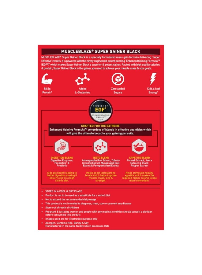 MuscleBlaze Super Gainer Black, Chocolate (20 Servings, 2kg / 4.4lbs) | 12g Protein, 78.95g Carbs Per Scoop | Enhanced Gaining Formula- Appetite, Digestion & Testo Blend Powder - Image 2