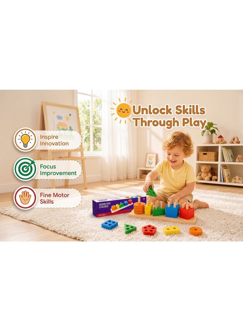 Silka Wooden Geometric Stacker Toy for Kids, Shape Sorting and Stacking Learning Toy, Colorful Montessori Educational Toy, Fine Motor Skills Activity, 3+ Years - Image 1