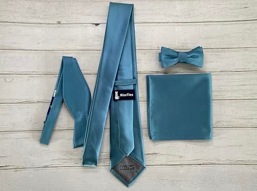 KissTies Mens Dusty Blue Tie Solid Wedding Necktie + Gift Box - Image 4