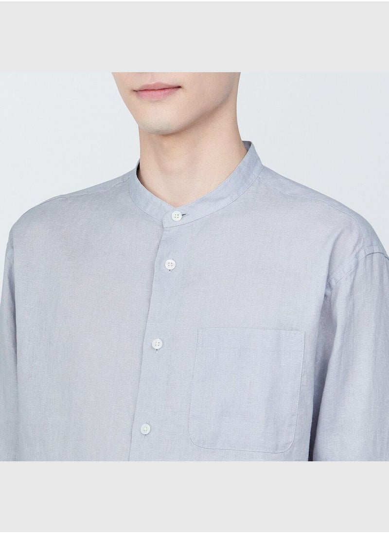MUJI Linen Washed Stand Collar Long Sleeve Shirt  - Image 3