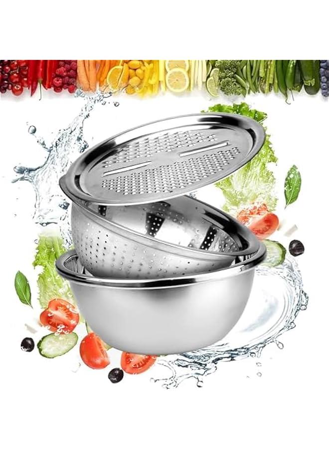BWSJ Multifunctional Stainless Steel Drain Basket Multipurpose Vegetable Slicer Graters For Kitchen3 In 1 Graters Cheese Grater Salad Maker Bowl Drain Basin Ginger Vegetable Cutter - Image 1
