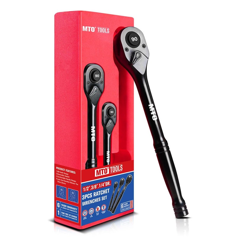 MTO 3-Piece 90 Tooth Ratchet Wrench Set, 1/4â€, 3/8â€, 1/2â€ Drive Reversible Ratchets, Ergonomic Handle, Chrome Alloy Made, Quick Release Ratchet - Image 1