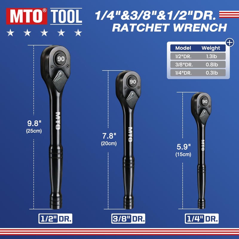 MTO 3-Piece 90 Tooth Ratchet Wrench Set, 1/4â€, 3/8â€, 1/2â€ Drive Reversible Ratchets, Ergonomic Handle, Chrome Alloy Made, Quick Release Ratchet - Image 2
