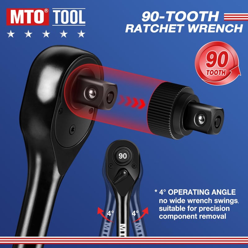 MTO 3-Piece 90 Tooth Ratchet Wrench Set, 1/4â€, 3/8â€, 1/2â€ Drive Reversible Ratchets, Ergonomic Handle, Chrome Alloy Made, Quick Release Ratchet - Image 3
