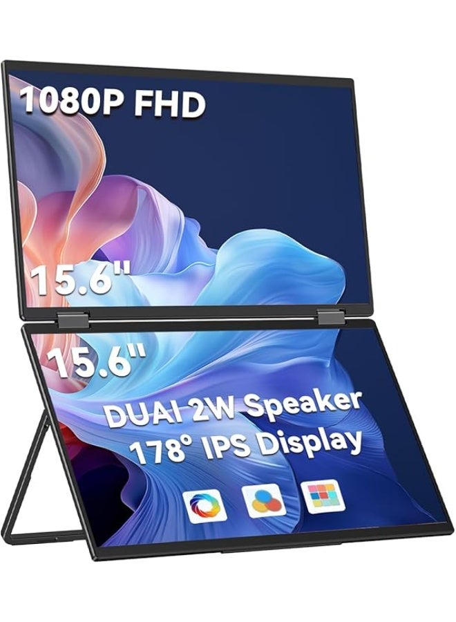 15.6" Dual-Screen Portable Monitor – FHD 1080P USB-C & HDMI Laptop Screen Extender with 180° Rotation, Foldable Design & Built-in Speakers for Mac/Windows - Image 1