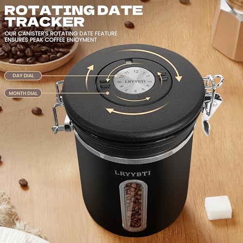 LRYYBTI Coffee Canisters with Window,Scoop and Airtight Lid Stainless Steel Kitchen Bean Storage Grounds Container（22OZ/Black)Date Tracker and Scoop for Grounds Coffee Bar Accessories Beans, Cereal, Sugar - Image 2