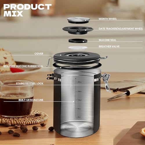 LRYYBTI Coffee Canisters with Window,Scoop and Airtight Lid Stainless Steel Kitchen Bean Storage Grounds Container（22OZ/Black)Date Tracker and Scoop for Grounds Coffee Bar Accessories Beans, Cereal, Sugar - Image 3