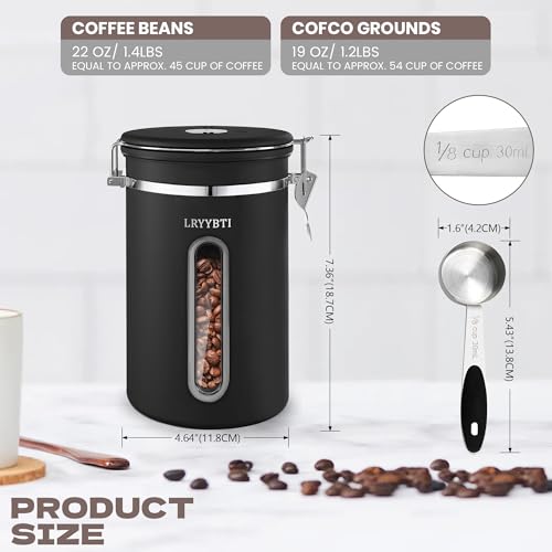 LRYYBTI Coffee Canisters with Window,Scoop and Airtight Lid Stainless Steel Kitchen Bean Storage Grounds Container（22OZ/Black)Date Tracker and Scoop for Grounds Coffee Bar Accessories Beans, Cereal, Sugar - Image 4