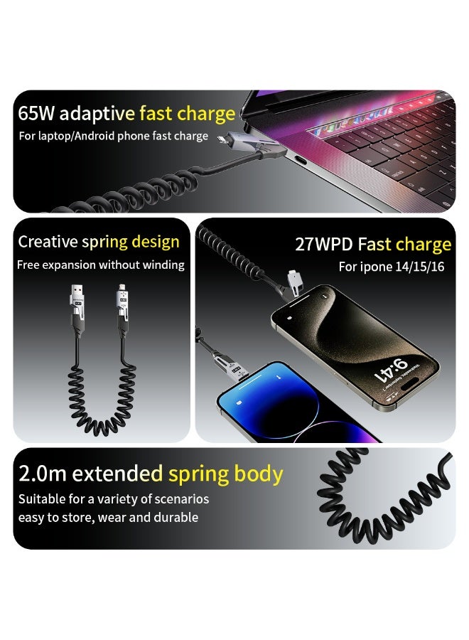 BASEMO 65W+27W Spring-Retractable 4-in-1 Fast Charging Cable - Universal for Apple iPhone 16/15, Huawei, Xiaomi, and Android Phones with Type-C Charging and Portability (Car Use) - Image 4