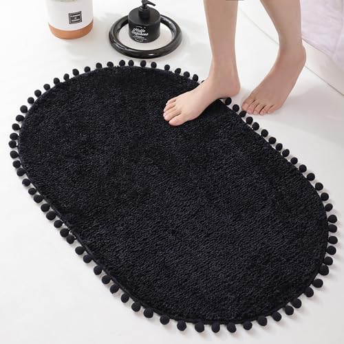 YIRDDEO Bath Mat Black Rug with Pom Oval Bathroom Rugs for Bedroom Non Slip Cute Boho Absorbent Mats Soft Plush Washable Rug (20x30 inches) - Image 1