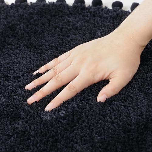 YIRDDEO Bath Mat Black Rug with Pom Oval Bathroom Rugs for Bedroom Non Slip Cute Boho Absorbent Mats Soft Plush Washable Rug (20x30 inches) - Image 3