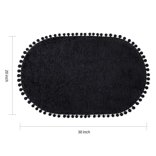 YIRDDEO Bath Mat Black Rug with Pom Oval Bathroom Rugs for Bedroom Non Slip Cute Boho Absorbent Mats Soft Plush Washable Rug (20x30 inches) - Image 2