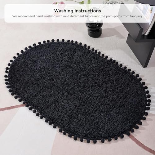 YIRDDEO Bath Mat Black Rug with Pom Oval Bathroom Rugs for Bedroom Non Slip Cute Boho Absorbent Mats Soft Plush Washable Rug (20x30 inches) - Image 4
