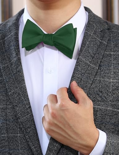 PenSee Mens Self Bow Tie Dark Green Solid Jacquard Woven Bowtie(Hunter Green) - Image 2