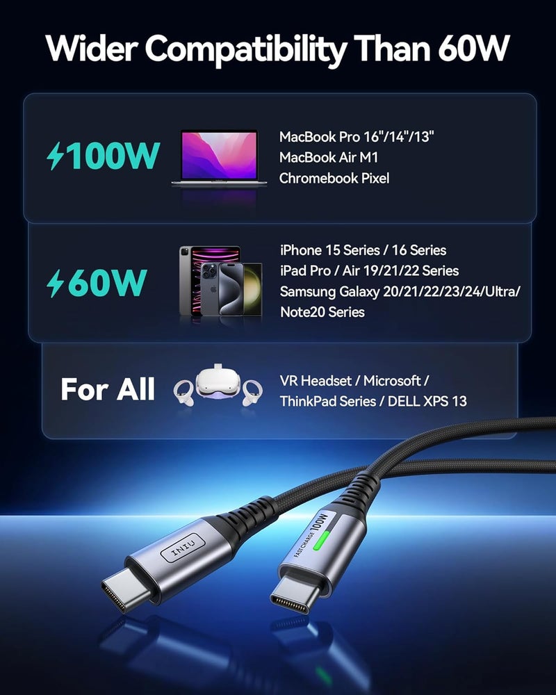 INIU 100W USB C Cable, PD 5A QC 4.0 Type C Fast Charging, Nylon Braided USB-C Charger Cable for iPhone 17 16 15 Pro Max MacBook iPad Air 6 Mini 5 Samsung Note 20 Huawei P60 Switch etc [2 Pack, 2M] - Image 5