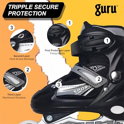 GURU Inline Skates, Inline Skates 4 Wheels 64mm for Kids & Adults Medium Size in-line Skates - Size 34-37 Euro (Black) - Image 3