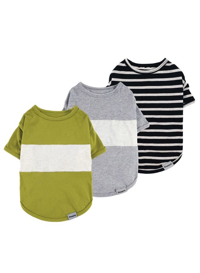 Fitwarm 3 Pack Color Block Striped Dog Shirt, Summer Dog Clothes for Small Dogs, Breathable Lightweight Pet Tshirt with Sleeves, Cat Outfit, Oliver Green, Grey, Black, Small - Image 1