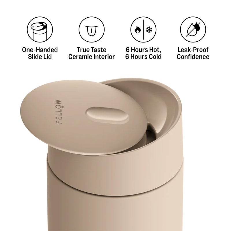 Fellow 12 oz Carter Slide Travel Mug â€“ One-Handed Slide Lid, Vacuum Insulated Stainless Steel Tumbler with Ceramic Interior for Hot and Cold Drinks, Leak-Proof and Dishwasher Safe, Sand Dune - Image 2