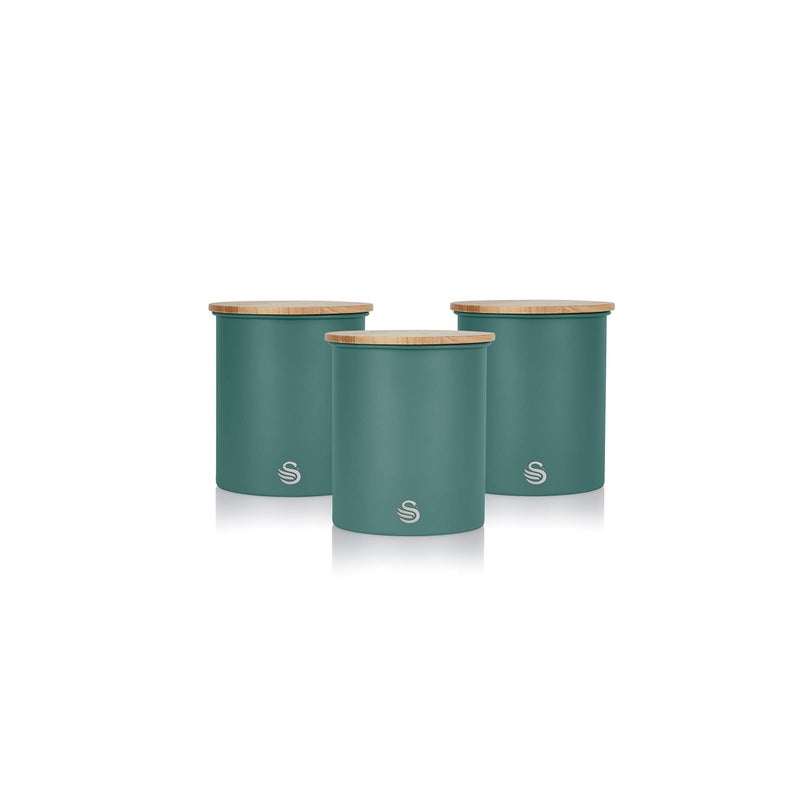 Swan SWKA17513GREN Nordic Scandi Set of 3 Storage Tea Coffee and Sugar Canisters Pine Green Steel Bamboo Lid 1 Size